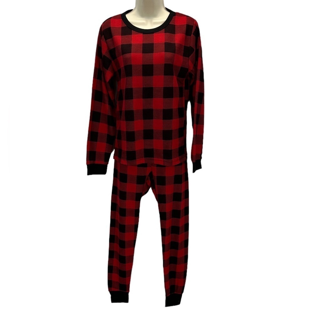 Just Love Long Sleeve Thermal Plaid Lounge Sleep Jogger Set - Black Red - Small